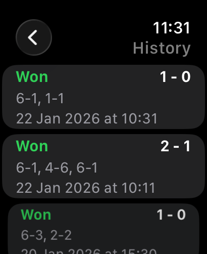 ScorePadel match history showing past results