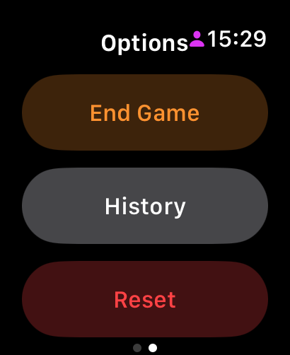 ScorePadel options screen with End Game, History and Reset