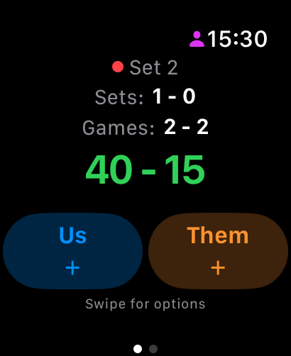 ScorePadel scoring screen showing Set 2, Games 2-2, Points 40-15